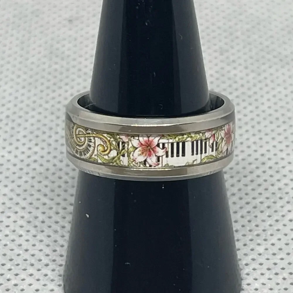 Music Lover Floral Keyboard Piano Treble Clef Stainless Steel Band Ring Sz 8.25